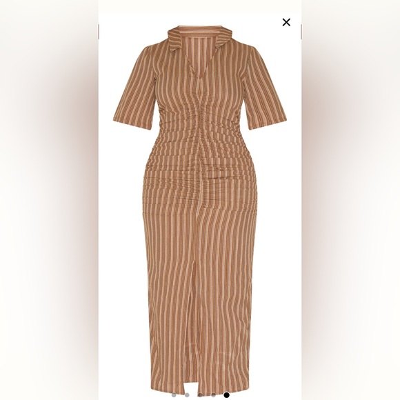 PrettyLittleThing Brown Striped Ruched Front Collared Split Front Maxi Dress - Picture 5 of 8